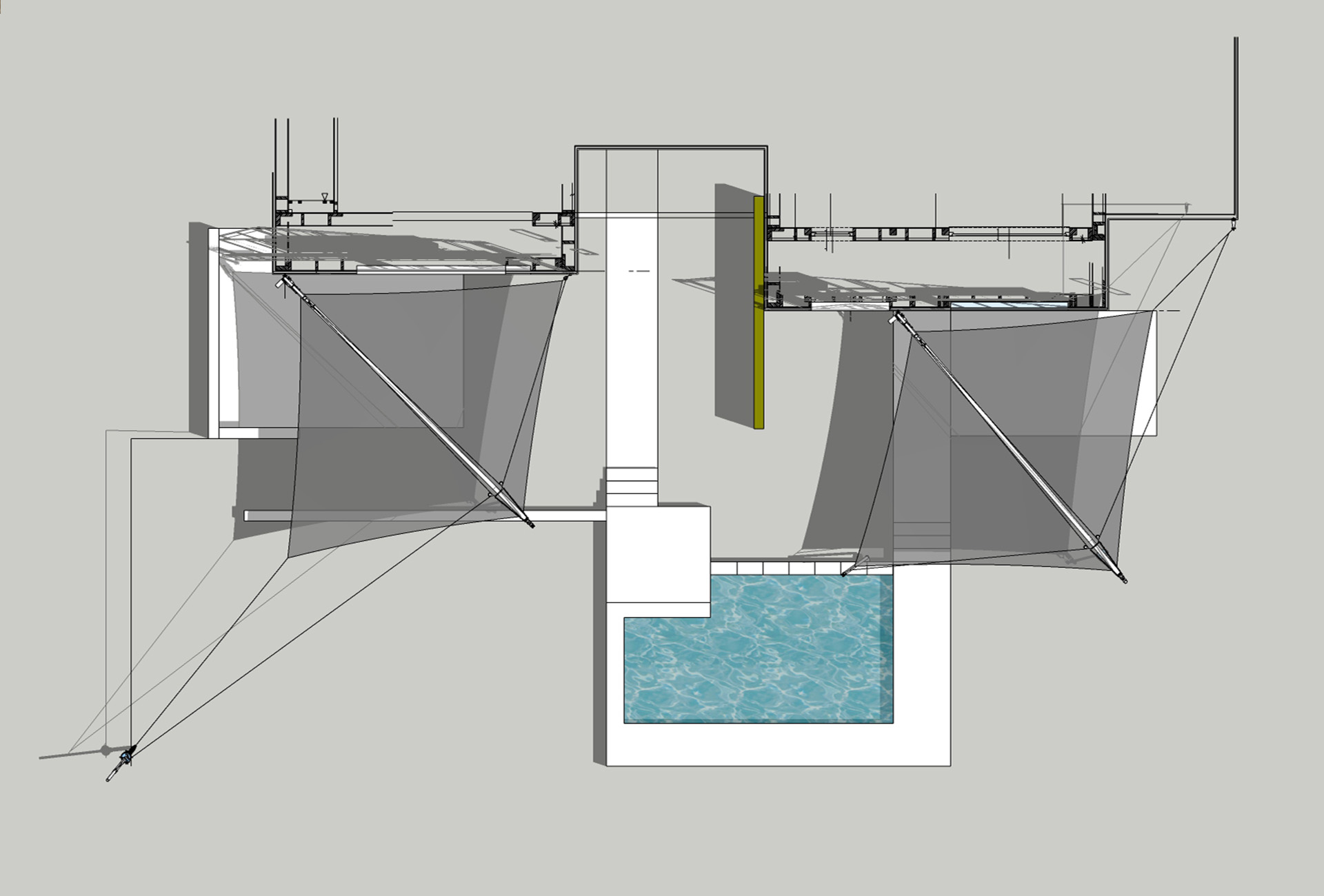 SunSquare Shading Solutions zeigt einen Plan von einer Beschattung mittels Sonnensegel, das aufrollbar ist, in der Vogelperspektive.