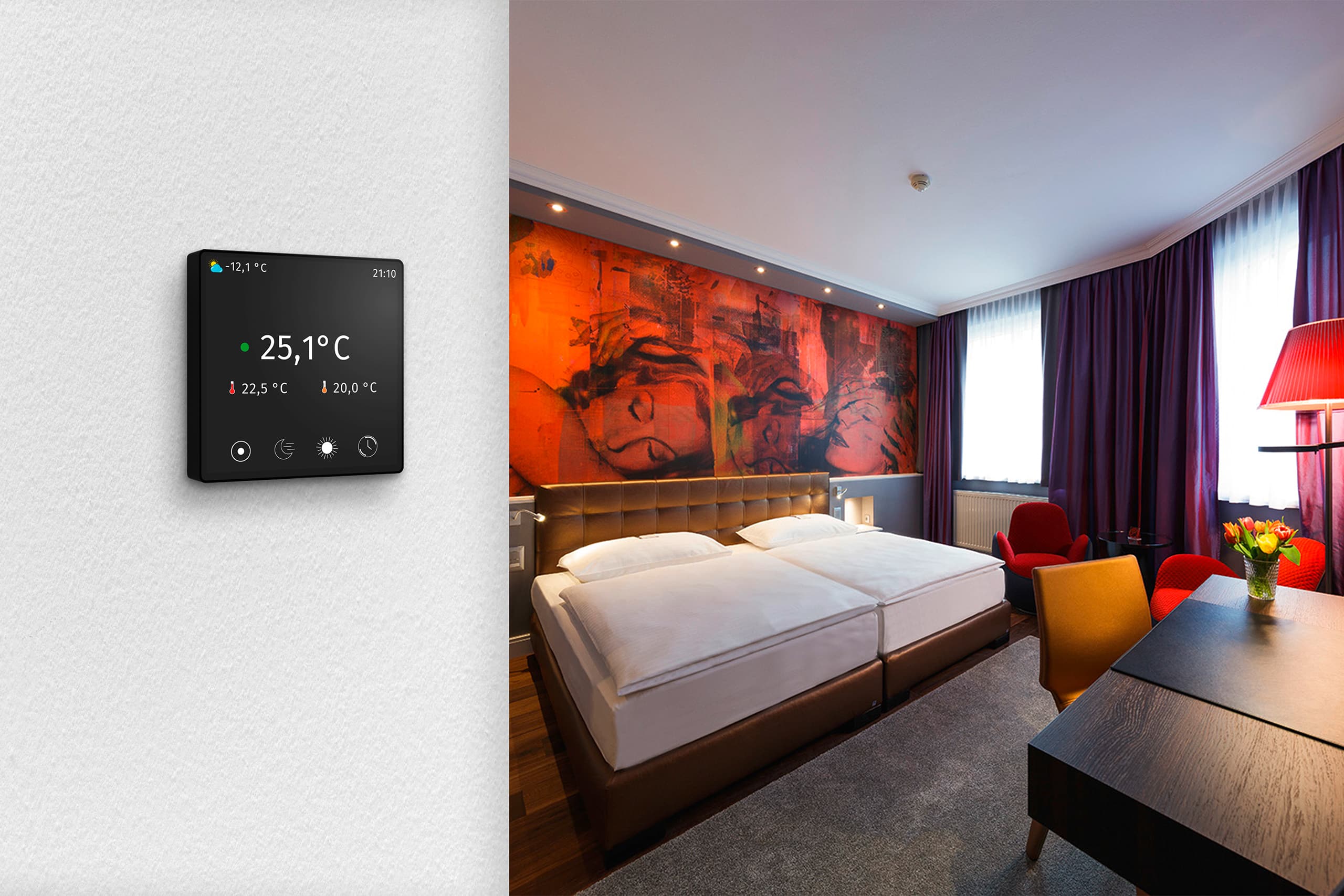 Technische Alternative RT präsentiert den Raumsensor "RAS-CT4" in einem der ansprechenden Hotelzimmer im Hotel "Der Wilhelmshof" in Wien.