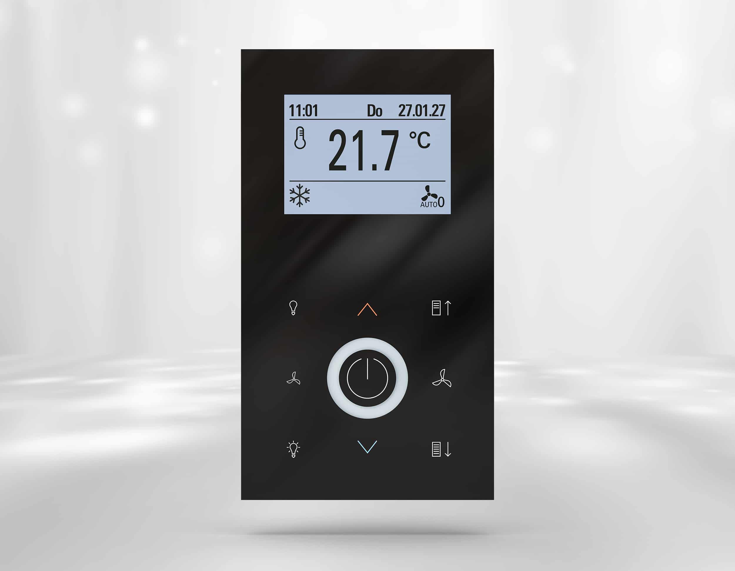 Thermokon Elektronik Components zeigt den Fancoil-/Raumregler JOY in Schwarz.