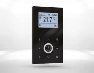 Thermokon Elektronik Components zeigt den Fancoil-/Raumregler JOY in Schwarz.