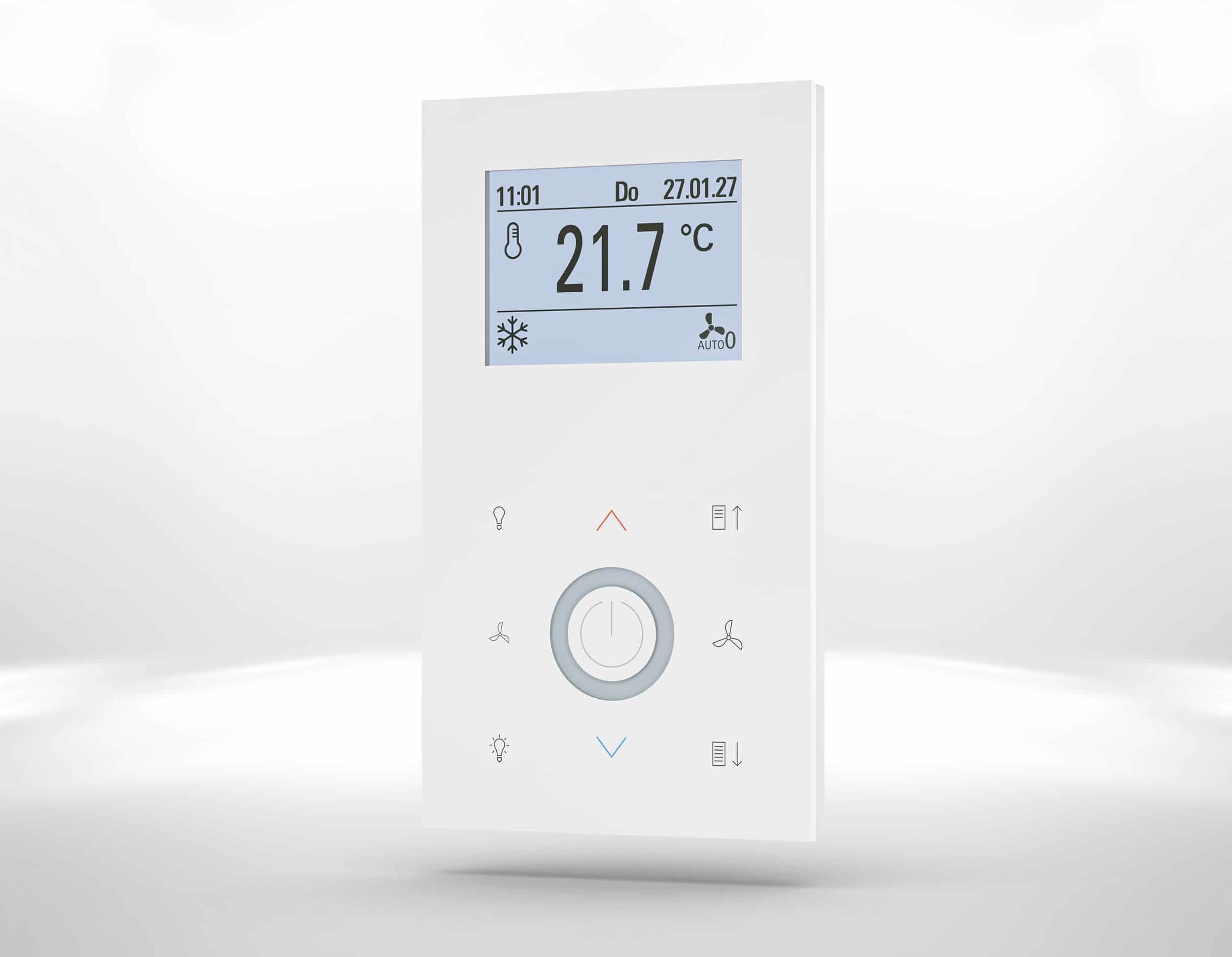 Thermokon Elektronik Components zeigt den Fancoil-/Raumregler JOY in Weiß.