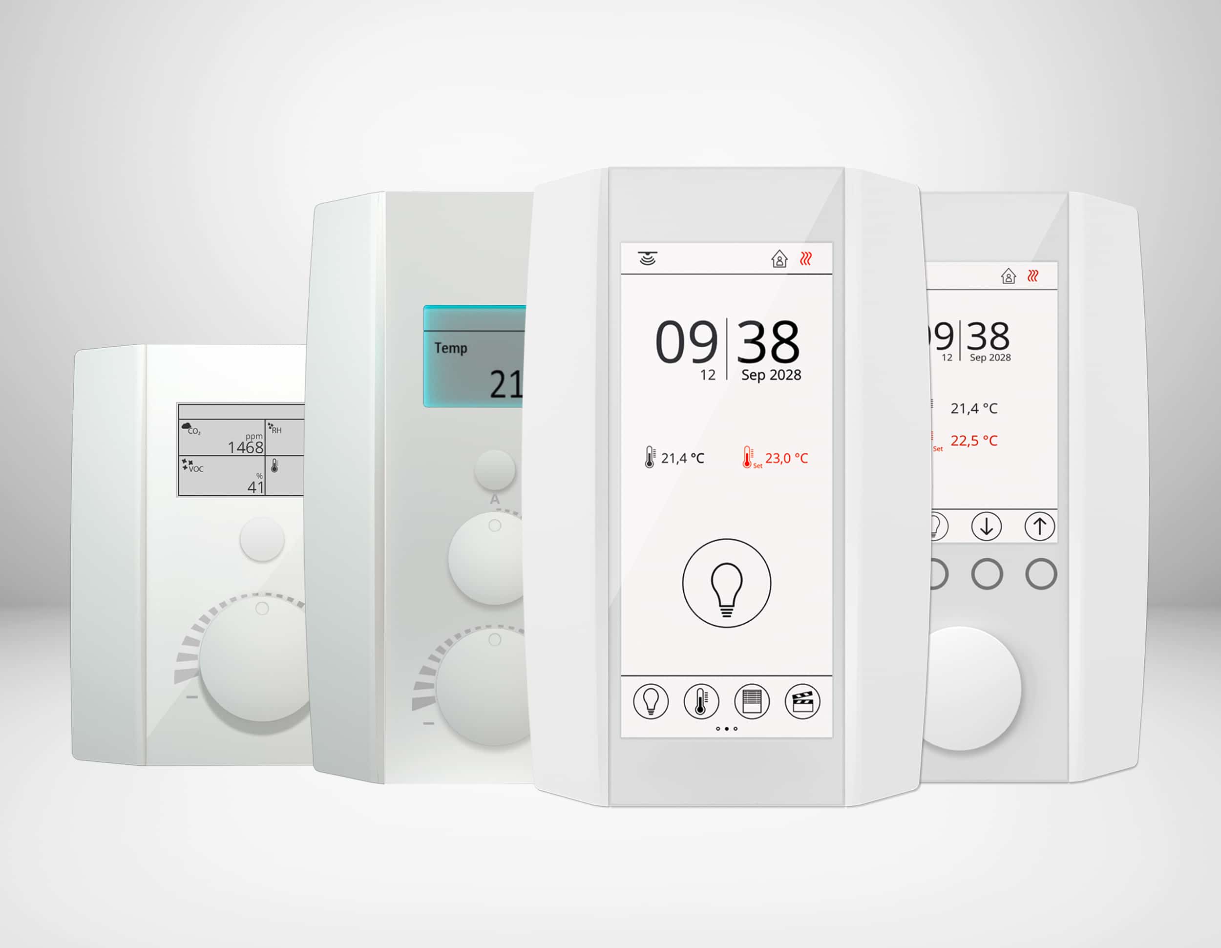 Thermokon Elektronik Components zeigt eine Collage aus der Raumsensor- und Raumbediengeräte-Serie NOVOS®.