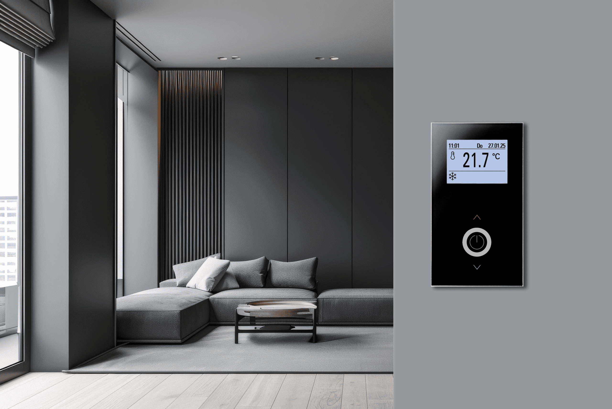 JOY HC KNX Raumregler von Thermokon in Schwarz in einem eleganten Hotelzimmer.