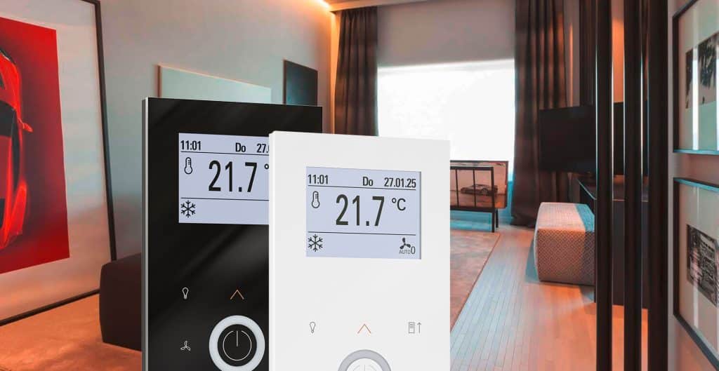Zimmer des Ernst Leitz Hotels in Wetzlar mit JOY Fancoil-Reglern von Thermokon.