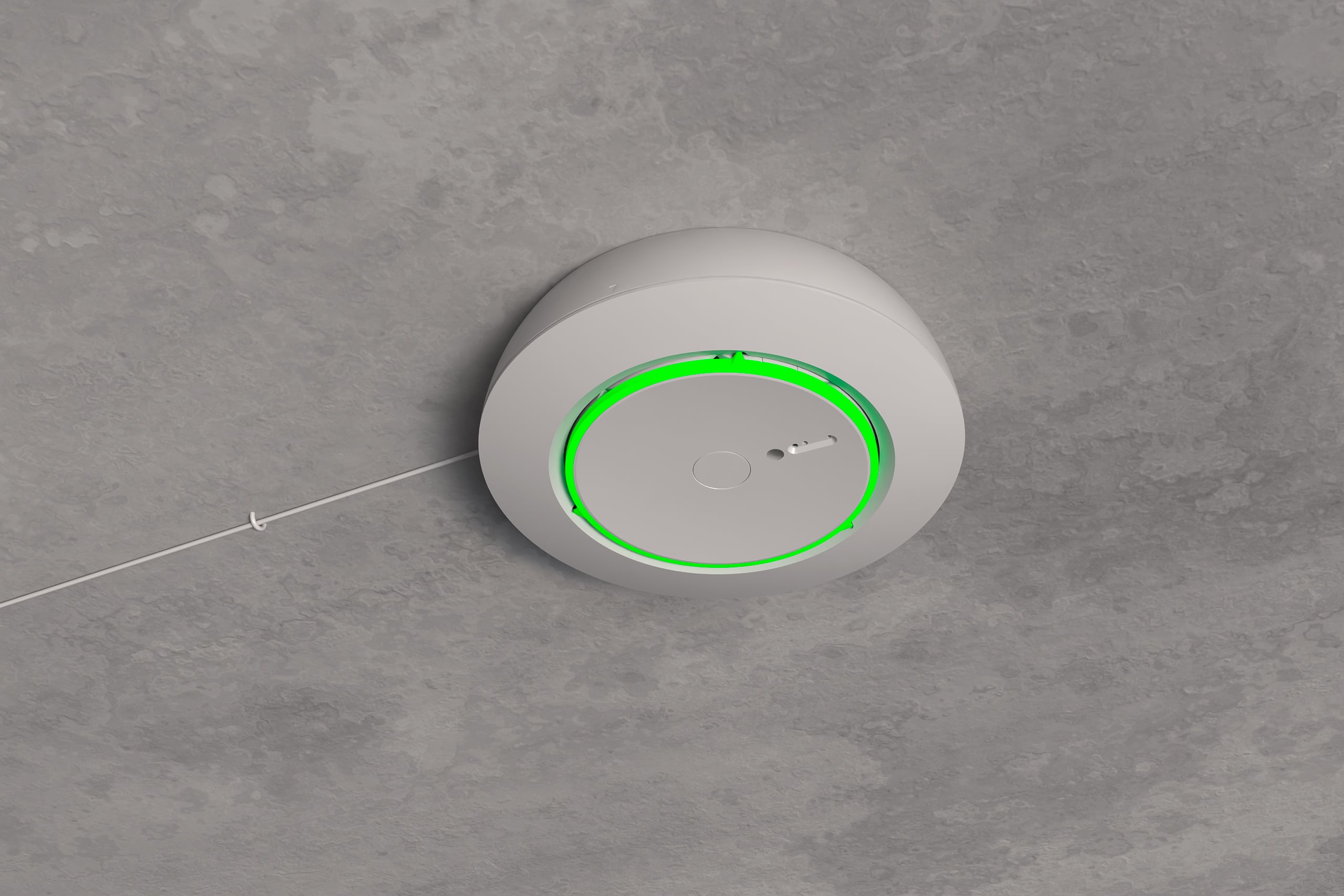 Thermokon präsentiert den auf einer Betondecke Aufputz montierten Deckensensor thevios 5 mit LED Beleuchtung als leistungsstarken Messwertgeber für die Gebäudeautomation.