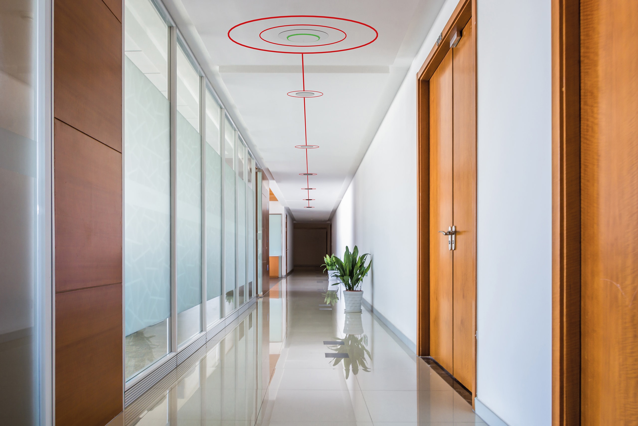 Thermokon zeigt die Visualisierung der Funktion des Deckensensors thevios im Flur eines Bürogebäudes.