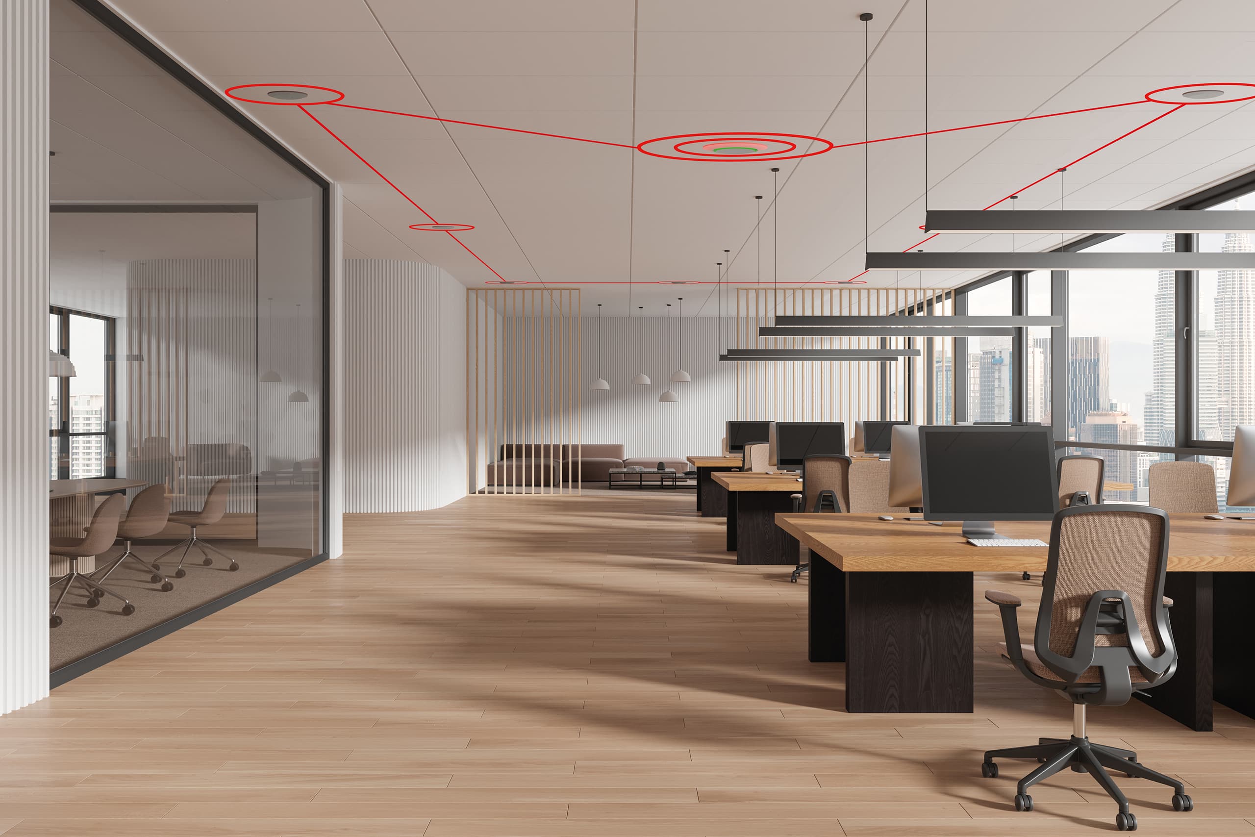 Thermokon zeigt die Visualisierung der Funktion des Deckensensors thevios in einem Großraumbüro.