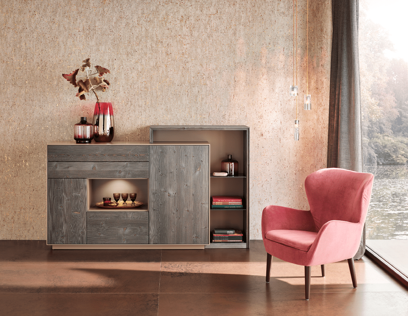 Tischlerei Bauer zeigt Wohnzimmer mit rosa Ohrensessel und stylischem Regal aus Vollholz mit rustikaler Patina von ANREI.