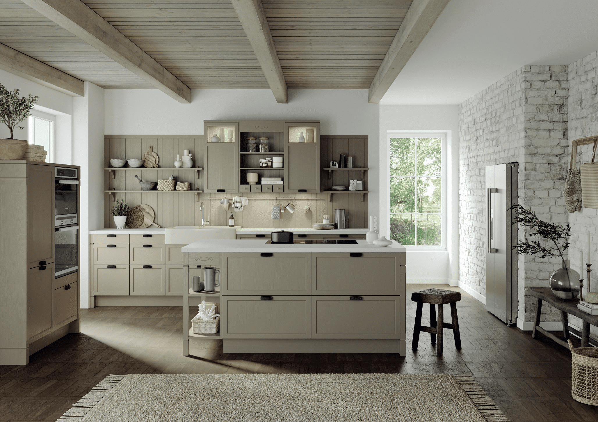 BAUER Tischlerei zeigt rustikale Küche im Landhausstil mit beigen Fronten, beiger Rückwand und weißen Arbeitsflächen und einer Kochinsel mit Stauraum von Häcker Küchen.