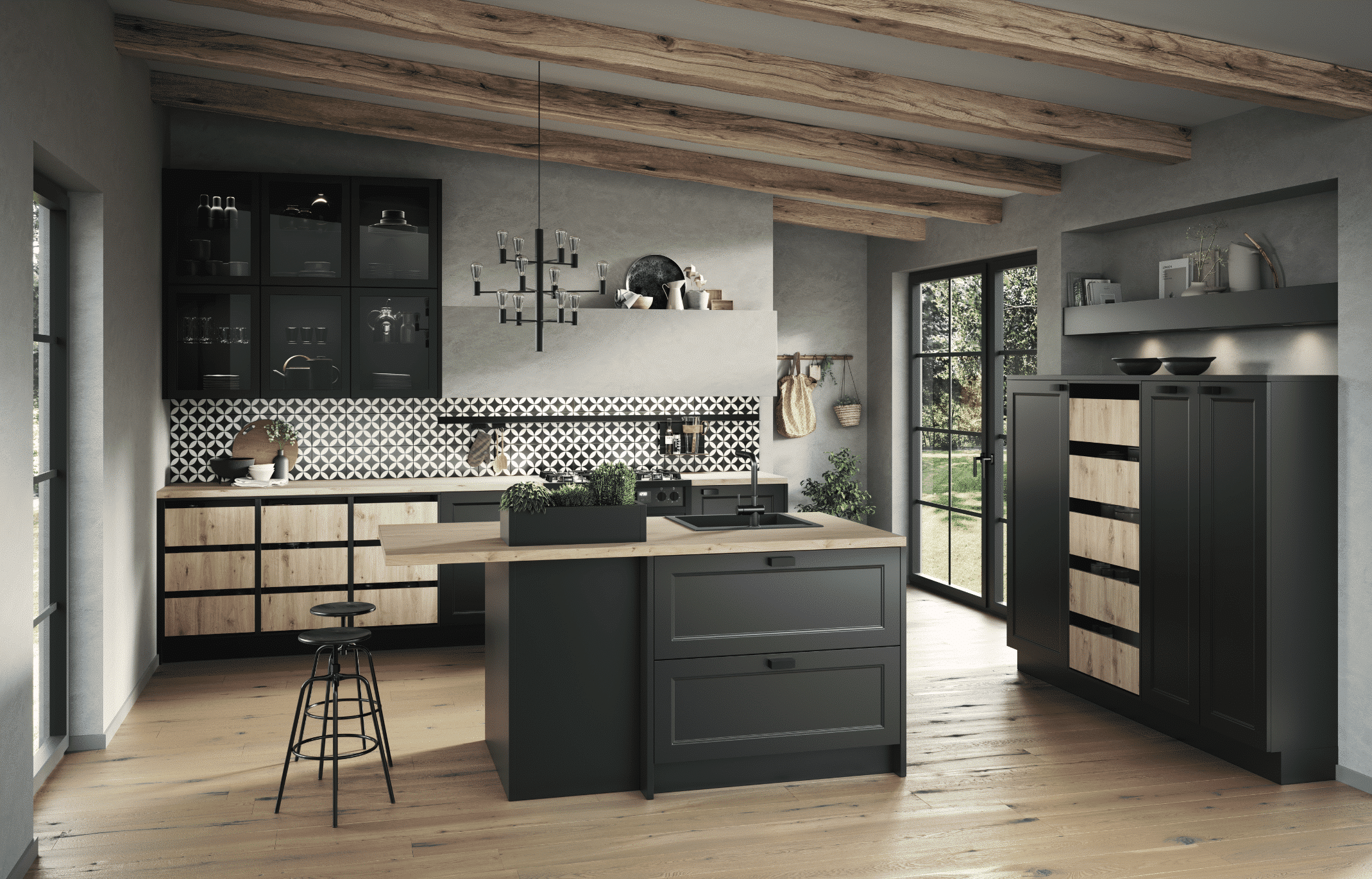 Bauer Tischlerei zeigt eine dunkle Küche mit hellen Holzakzenten im Landhausstil, mit Hängeschränken an der Wand, einer Kochinsel mit Bar und Hockern und einem modernen Luster von Häcker Küchen.