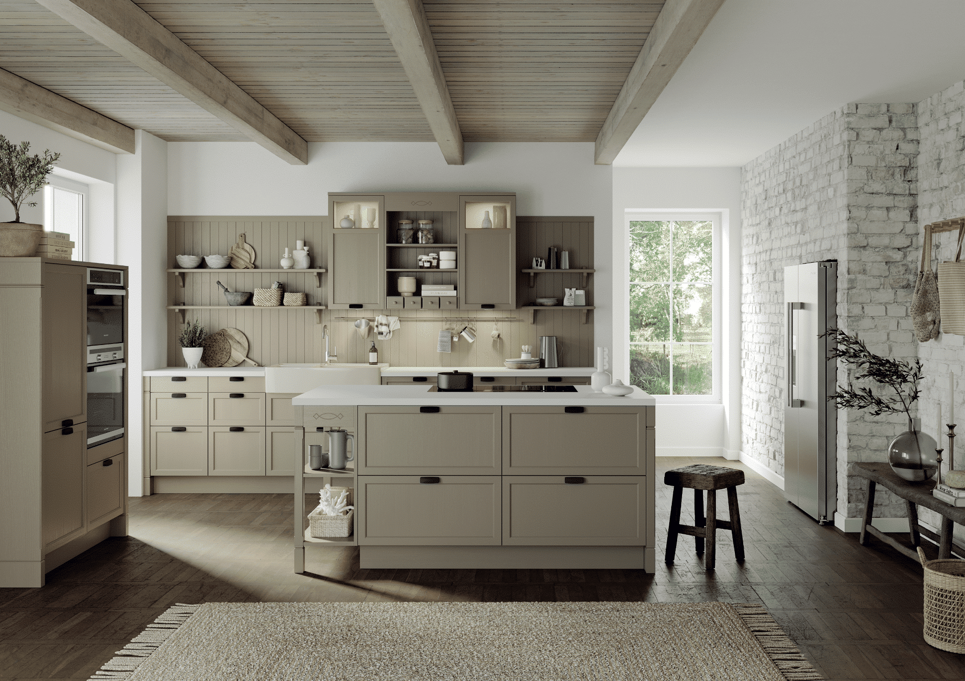 Bauer Tischlerei zeigt eine moderne Küche in Naturtönen und holzverkleideter Wand mit einem Hängeschrank und einer Kochinsel mit Kochfeld und vielen Schubladen als Stauraum von Häcker Küchen.