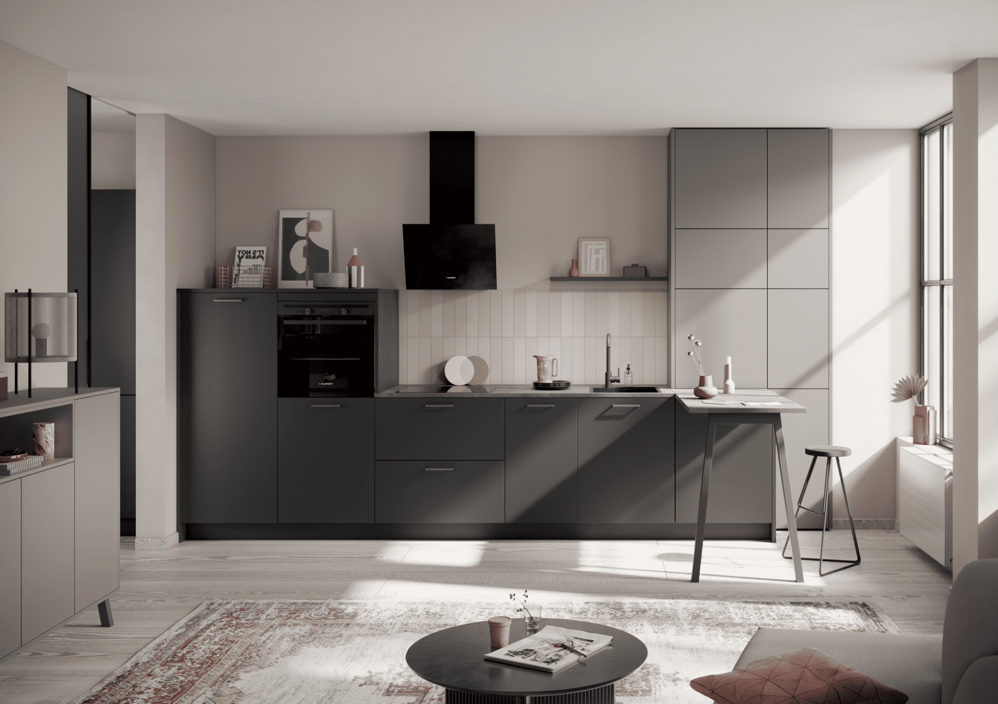 Bauer Tischlerei zeigt eine matt-schwarze Häcker Küche mit integriertem Tisch mit Barfunktion und schwarzem Dunstabzug an der beigen Wand.