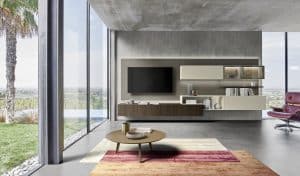 Bauer Tischlerei zeigt Wohnzimmerwand mit länglichen Hängeboards mit Holzfront und beiger Front von SANGIACOMO.