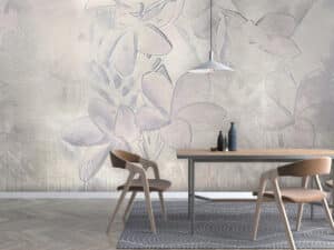 Ein moderner Essbereich mit Holz-Esstisch, Holzstühlen mit Samtpolsterung und künstlerischer, floraler Wandtapete von BAUER Tischlerei zeigt FEINART Walldesign.