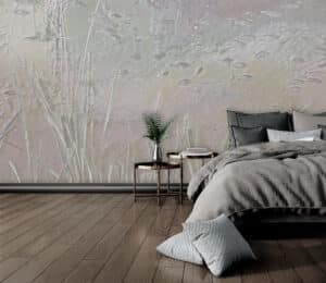 BAUER Tischlerei zeigt die FeinArt-Tapete Sea Life in einem monochromen Schlafzimmer.