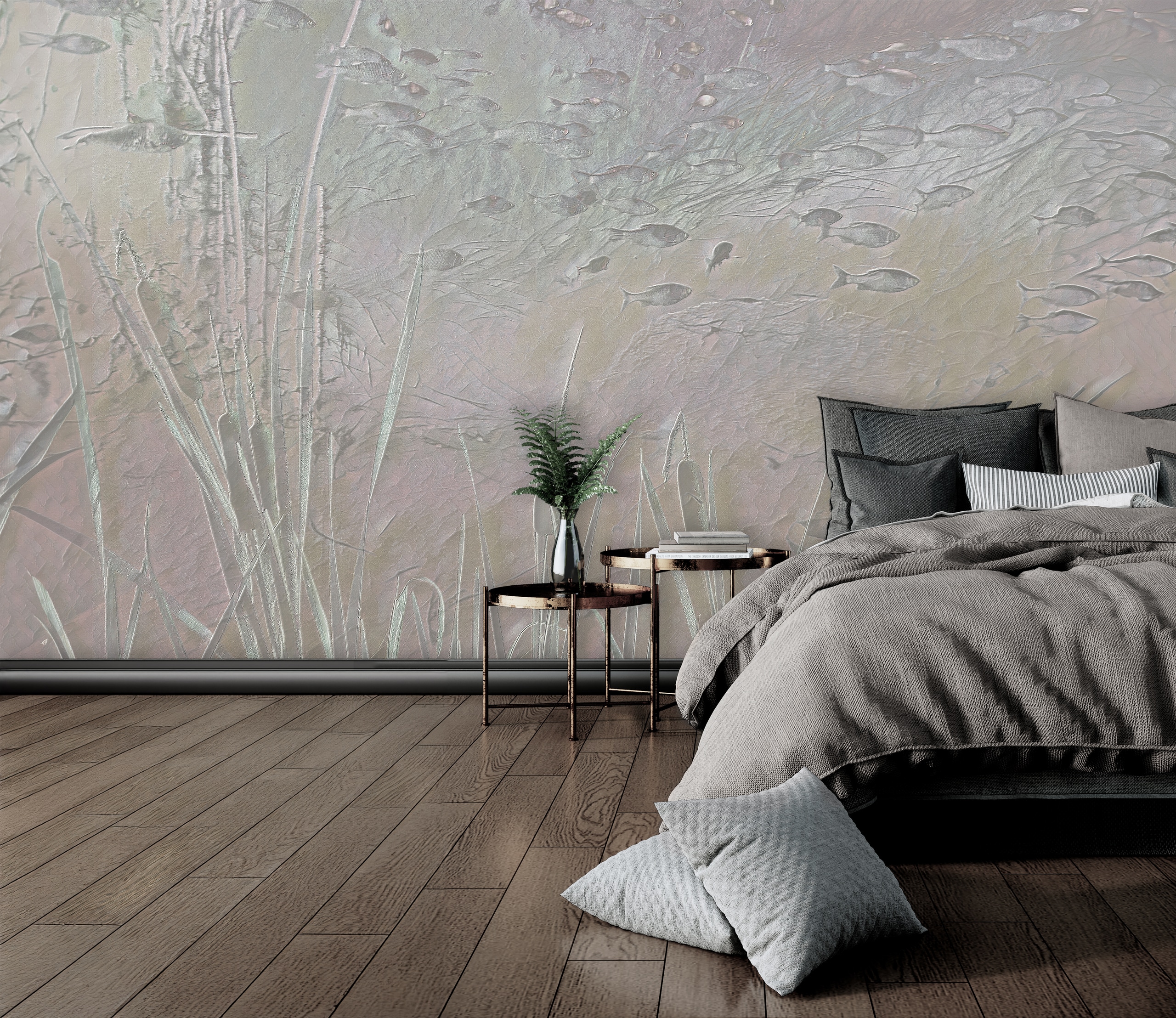 BAUER Tischlerei zeigt die FeinArt-Tapete Sea Life in einem monochromen Schlafzimmer.