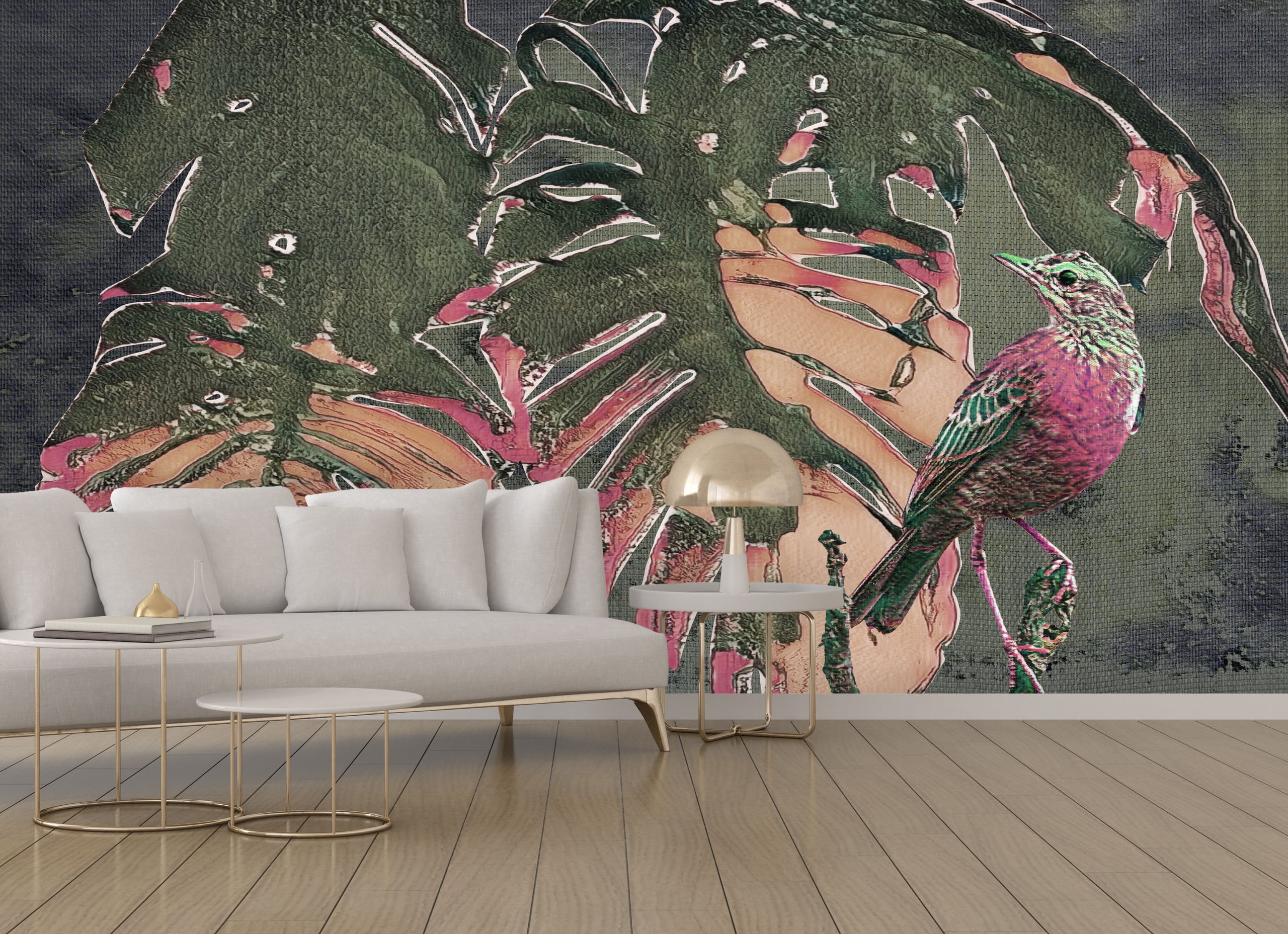 BAUER Tischlerei zeigt ein Wohnzimmer mit einer FeinArt Viewpoint-Tapete in abstraktem Design mit einem Vogel und Monsterablättern.