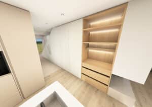 Treppenverbau mit offenem Wandregal, Ablagefläche und Holz‑Anrichte von Tischlerei Scharnreitner.