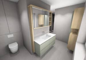 WC mit Waschtisch in Mint‑Grün und Holzsprossen‑Detail von Tischlerei Scharnreitner.