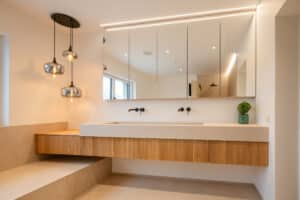 Ein modernes Badezimmer mit großformatigen Bodenfliesen, Sitz- und Ablagefläche und einem schwebendem Doppelwaschtisch in zusammenpassender beiger Steinoptik, schwarzen wandmontierten Armaturen, Pendelleuchte, Waschtischunterbau aus Holz mit moderner geriffelter Oberfläche und einem Spiegelschrank von Tischlerei Scharnreitner.