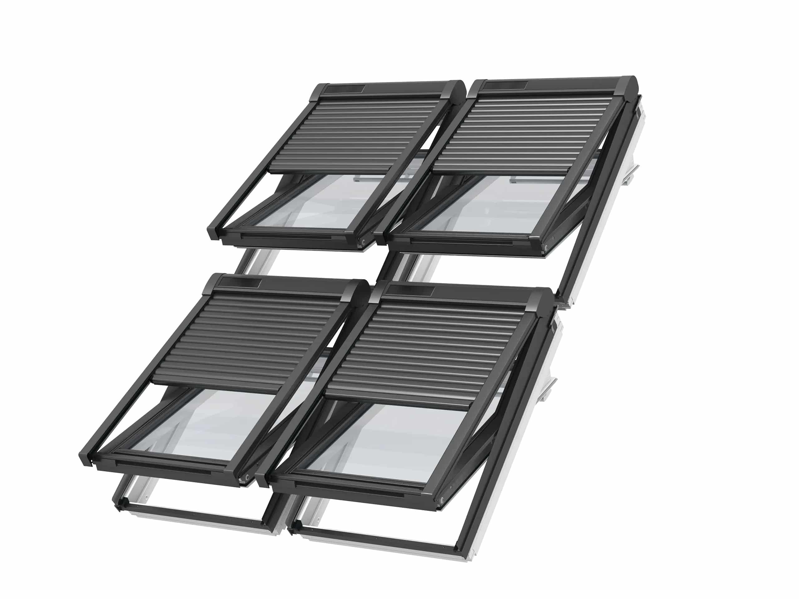 Velux zeigt den Aufbau von vier gekippten Dachfenstern mit Rollladen-System, das unabhängig vom Fenster montiert ist und so optimal vor Sonneneinstrahlung schützt.