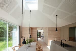 VELUX zeigt einen großen Raum mit Küche und Essbereich, der mittels Dachfenster auf einem Flachdach hell und lichtdurchflutet ist.