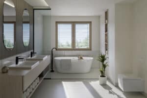 Ein Badezimmer mit einem Holz‑Alu‑Fenster und außenliegenden Jalousien von Warema.