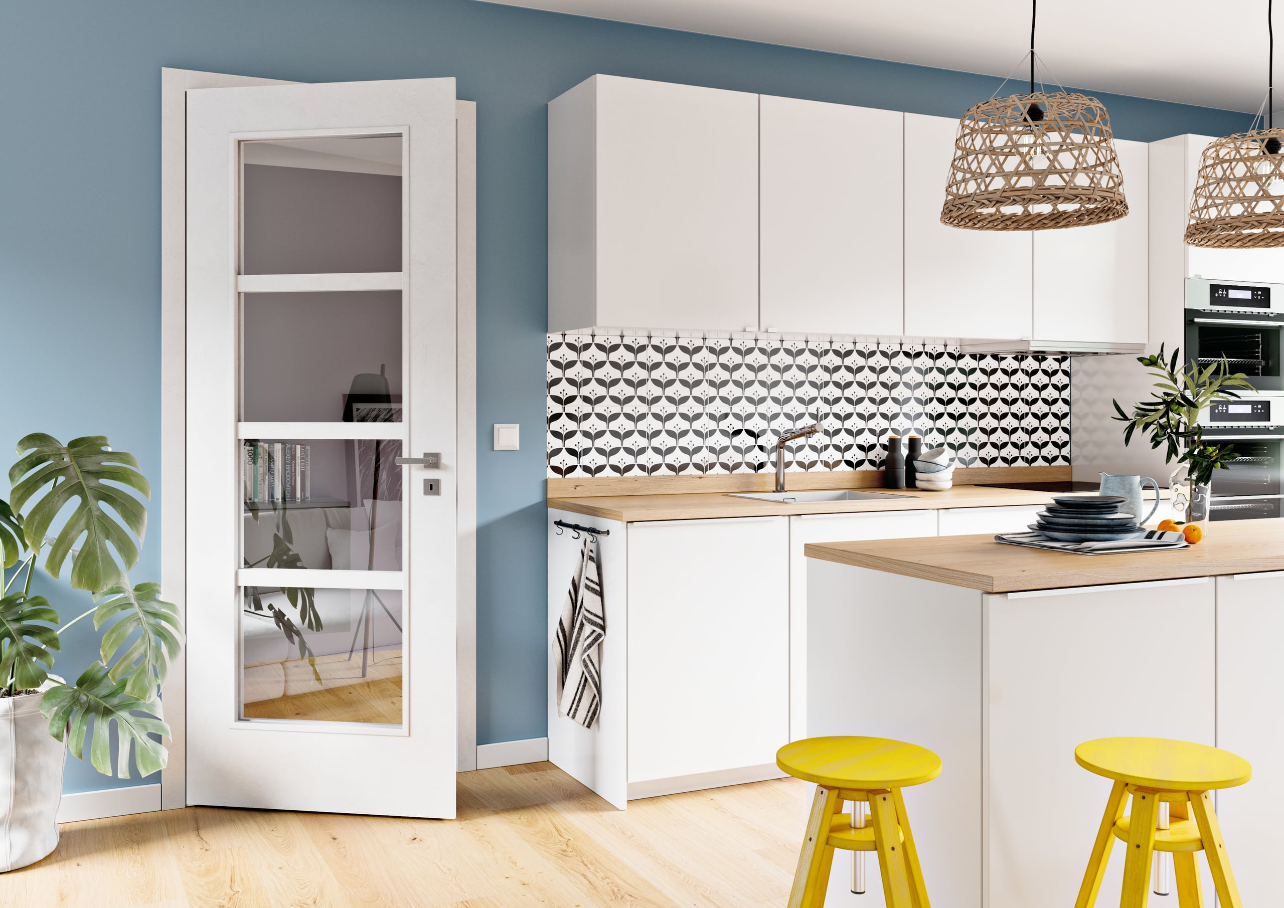 Küche mit Vollholzarbeitsplatte, weissen Fronten, einer Kochinsel mit Pendelleuchten und Barhockern und einer Glastüre mit breitem Holzrahmen, Quersprossen und Zarge passend in Weiss und einer silbernen Klinke von WIENTÜR91.