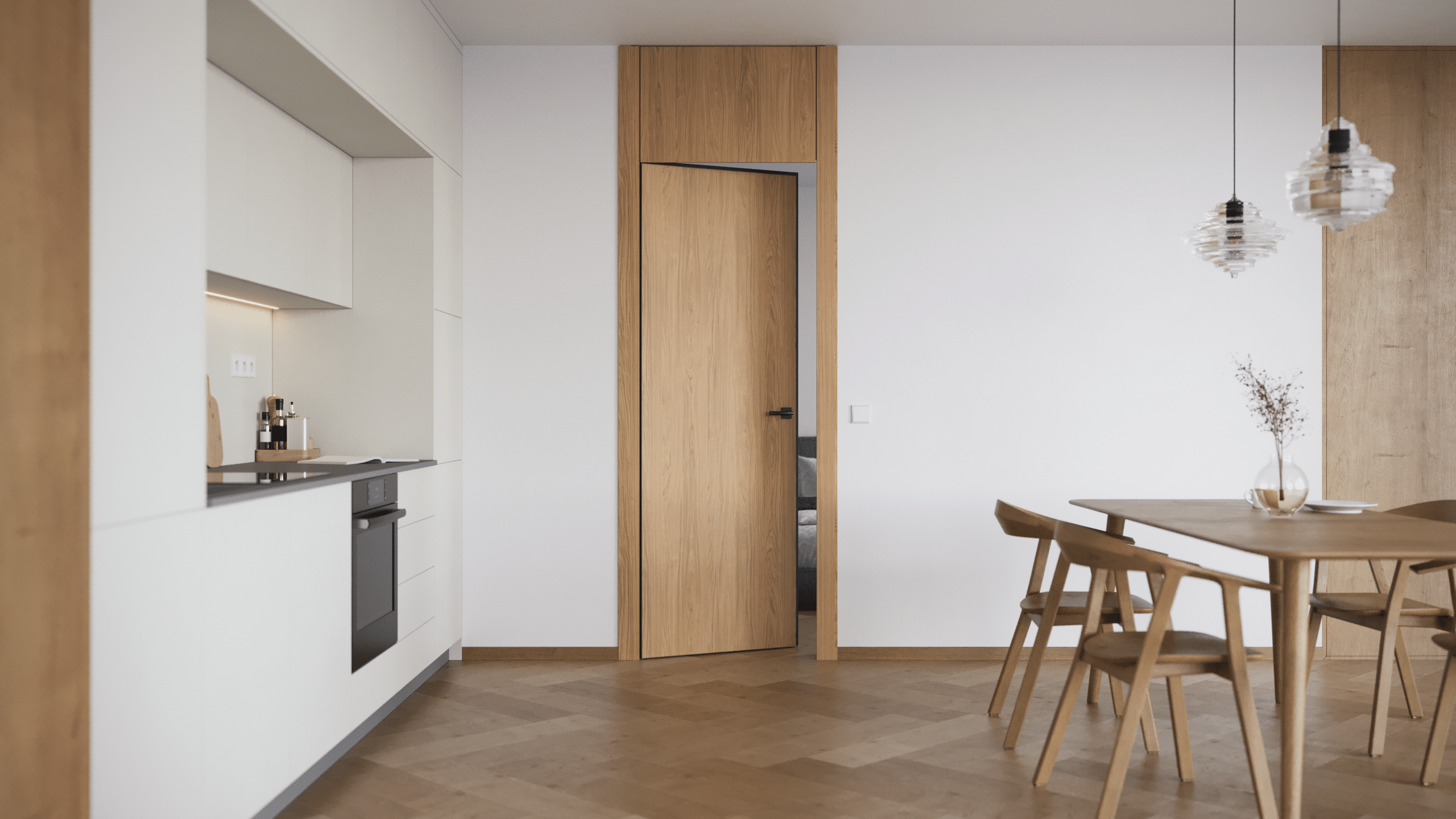 Offene Wohnküche mit eingekofferter Küchenzeile mit grifflosen weissen Fronten, einem Esstisch mit vier Stühlen aus Holz im Vintagedesign-Stil und einer Innenraumtür in Übergröße mit einem deckenhohen Zargenquerteil komplett in Eiche von WIENTÜR91.