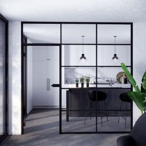 Raumtrennende Glaswand mit Glastür zur Küche aufgehend, in mattschwarzem Sprossendesign von WIENTÜR91.