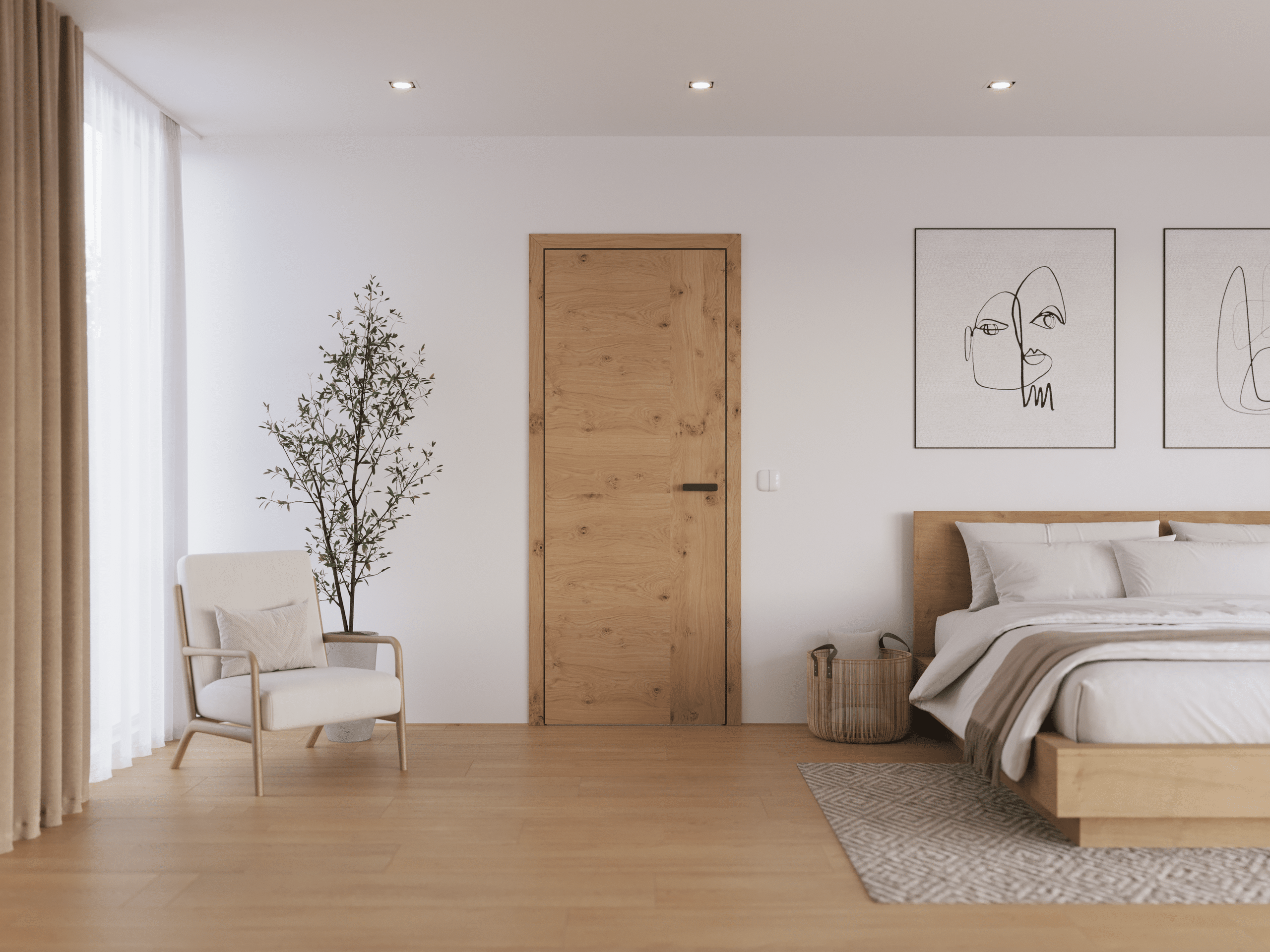 Schlafzimmer in Naturtönen, Parkettboden, einem Bettrahmen aus Vollholz, 2 Wandgemälden, einem Weidekorb, einem niedrigen Polstersessel, einer Zimmerpflanze und einer Innentüre aus Holz mit passender Zarge und einfacher mattschwarzer Klinke von WIENTÜR91.