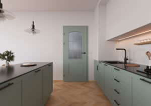 Harmonische SAPELI Landhaustür in Salbeigrün mit elegantem Sprossenglas für lichtdurchflutete, moderne Räume.