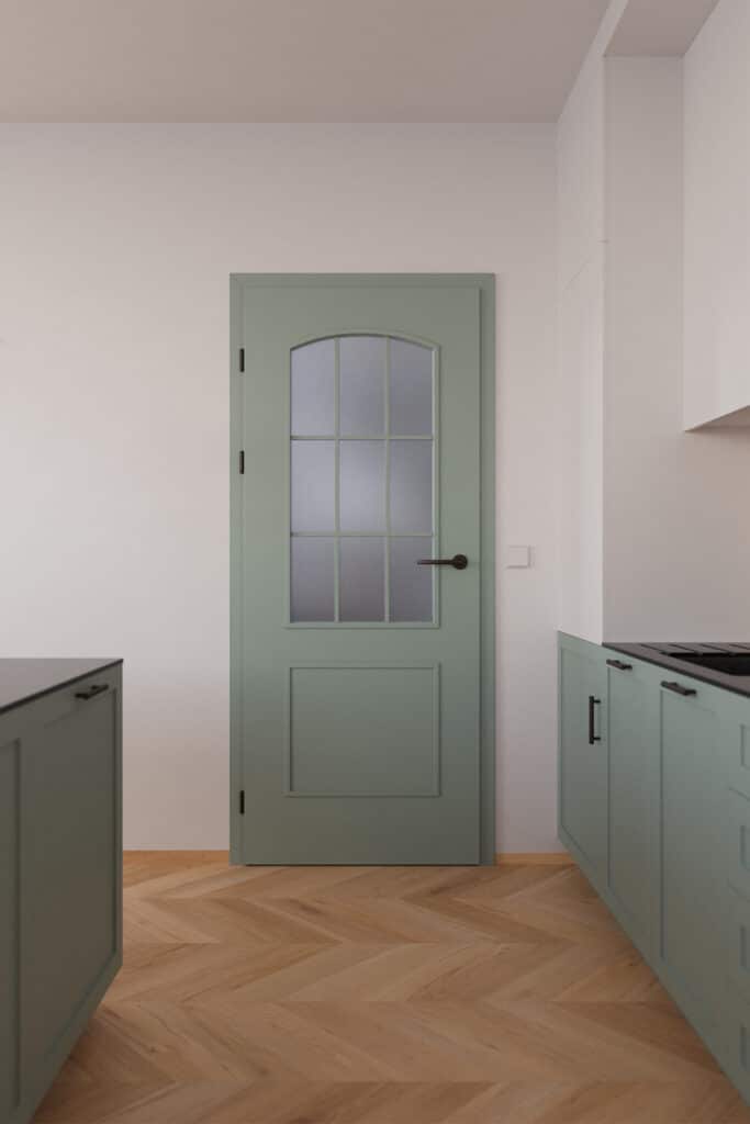Harmonische SAPELI Landhaustür in Salbeigrün mit elegantem Sprossenglas für lichtdurchflutete, moderne Räume.