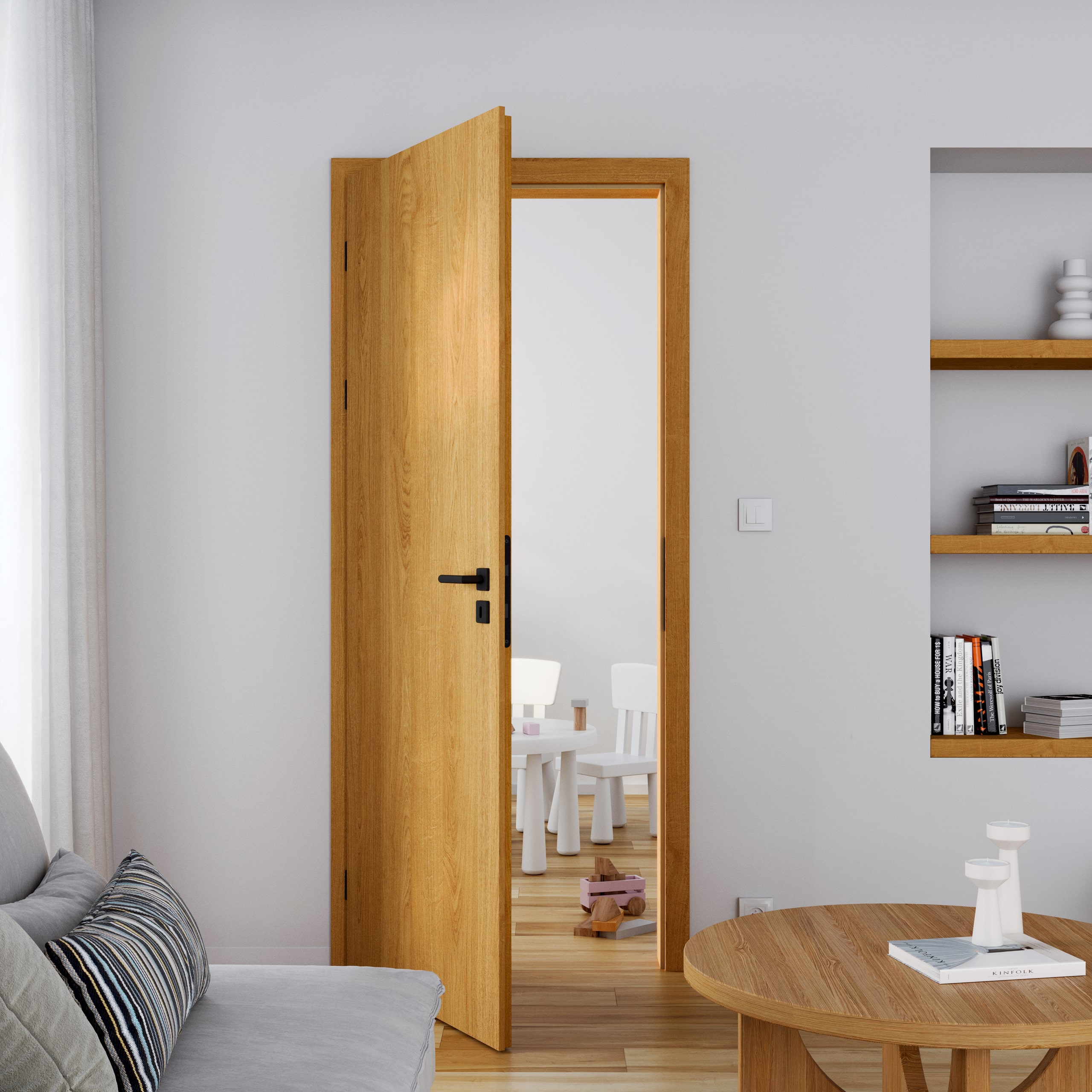 Ein elegantes, natürlich wirkendes Holztürblatt mit sichtbarer, fein strukturierter vertikaler Holzmaserung und einer mattschwarzen, minimalistischen Türklinke, präsentiert vor neutralem, zurückhaltendem Hintergrund von WIENTÜR91.