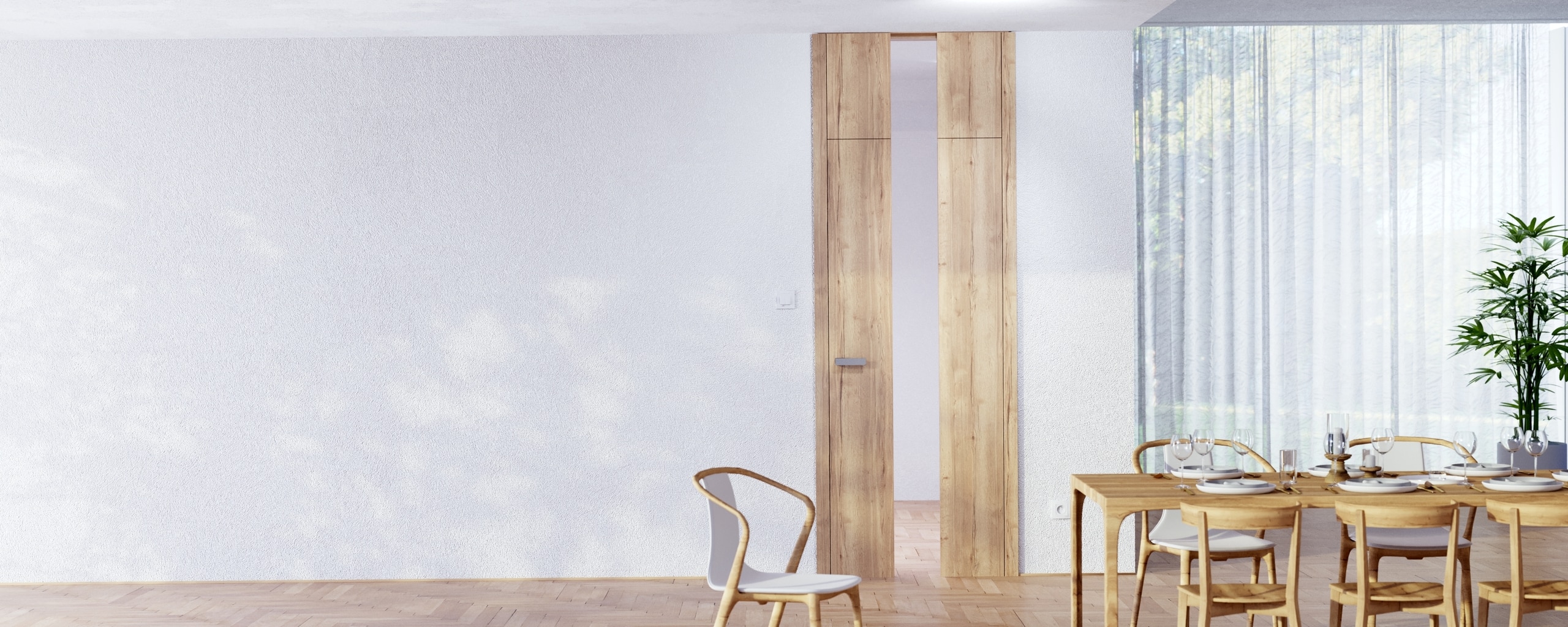 Eine moderne deckenbündige Innentür mit rustikaler Holzoberfläche und einem Glasinlay in einem Esszimmer mit Rauputzwand und warmem, stilvollen Ambiente von WIENTÜR91.