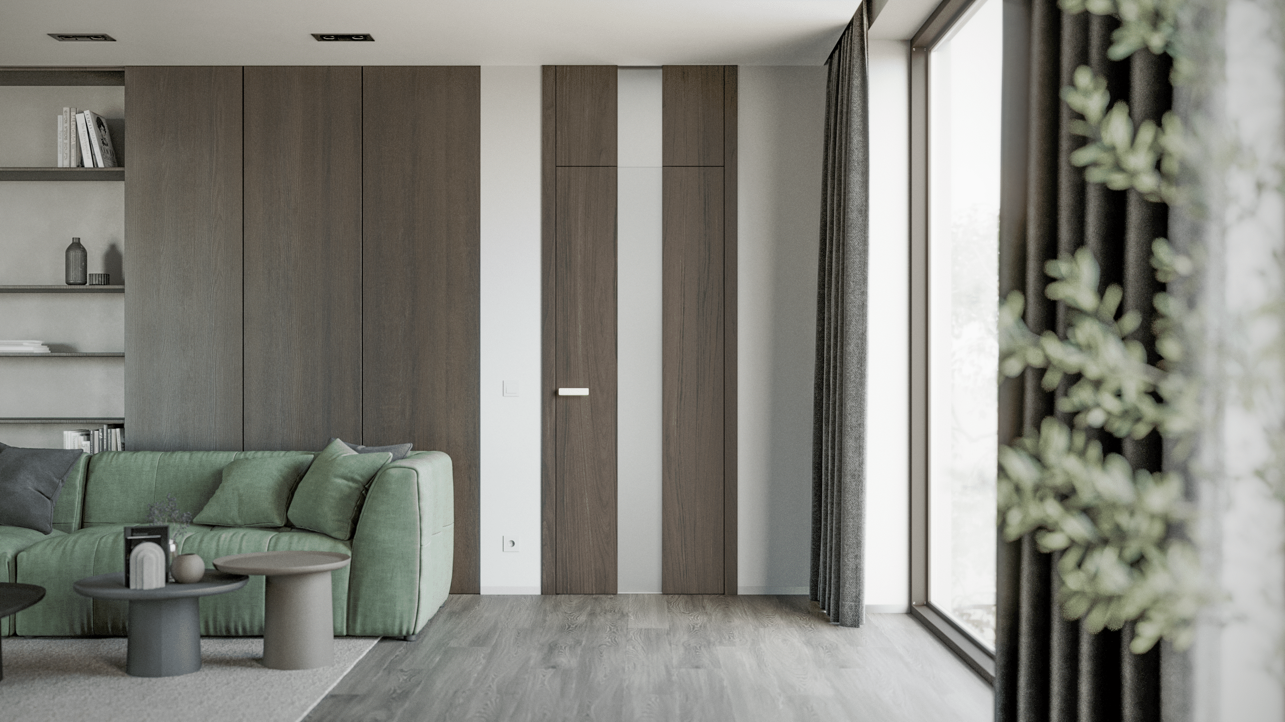 Eine moderne deckenbündige Innentür in dunklem Holzfurnier Typ "Harmonie 80" mit Türdrücker "Klika" integriert sich harmonisch in eine stilvolle Wohnwand und schafft ein ruhiges, elegantes Gesamtbild von WIENTÜR91.