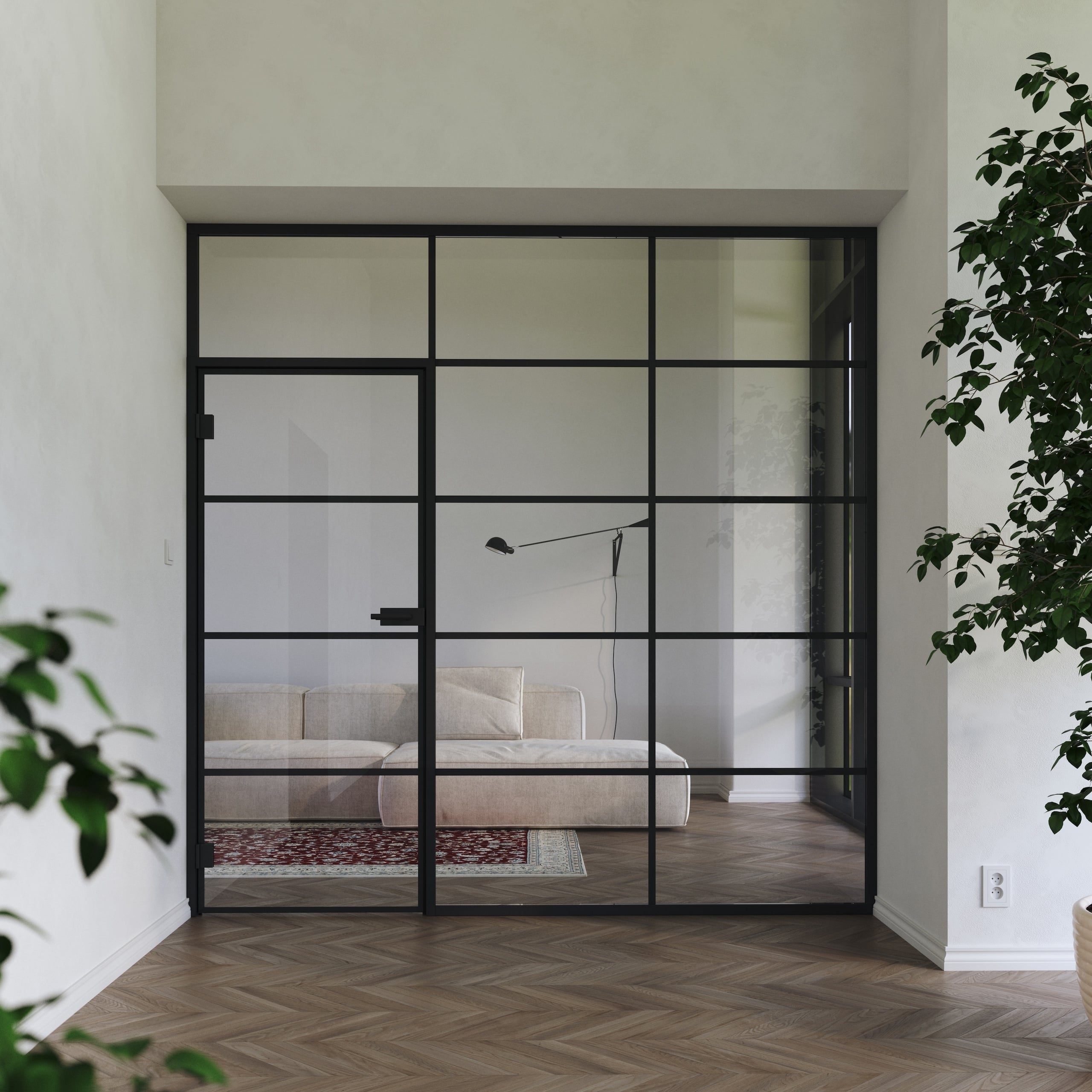 Eine luxuriöse Aluminium-Glastrennwand mit dem Namen LOFTY im Industrial-Stil von WIENTÜR91 by SAPELI - auch als Drehglastür erhältich!