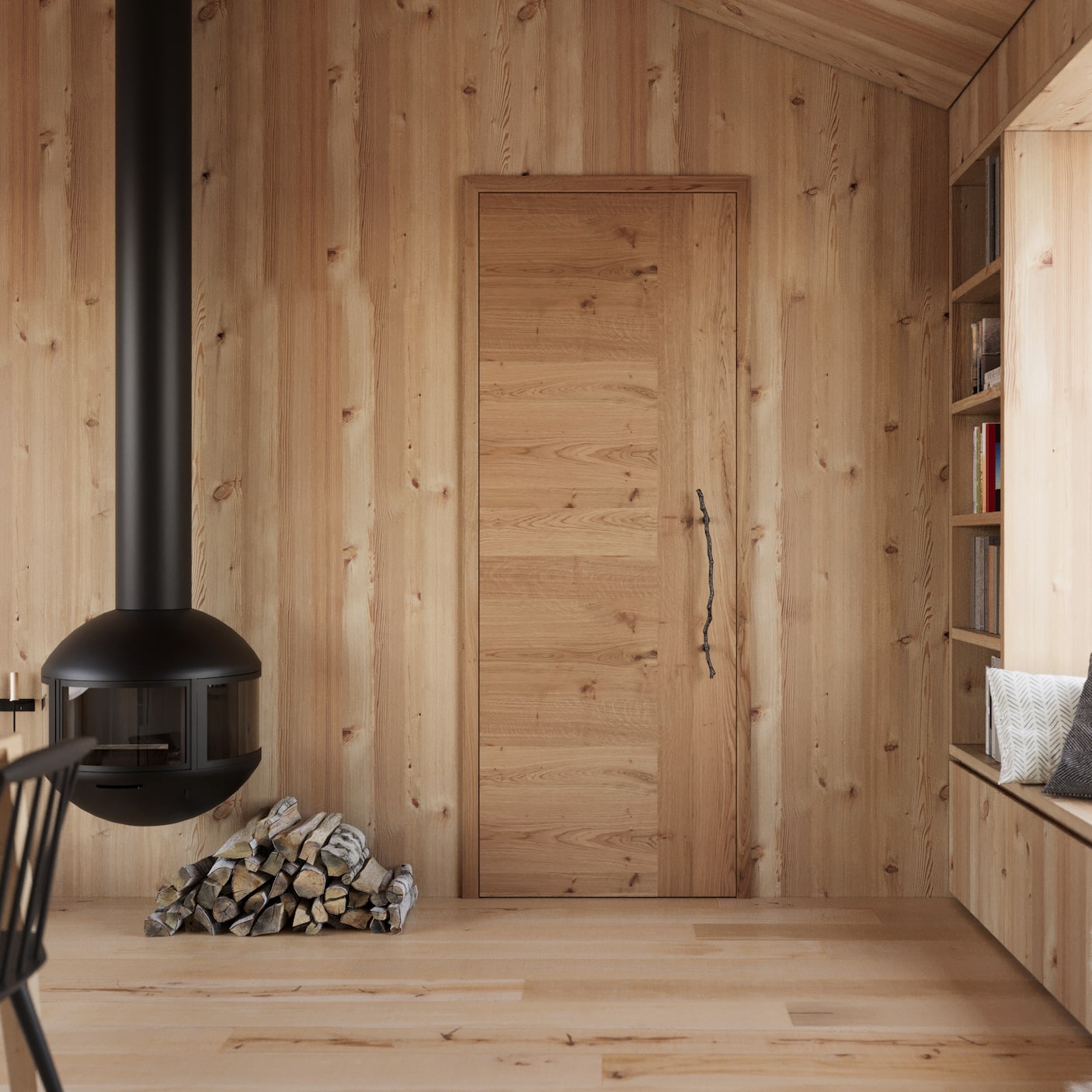 Ein holzverkleideter Innenraum mit passender Innentüre und kunstvollem, an einen Zweig erinnernden Türgriff ZLESART von WIENTÜR91 by SAPELI.