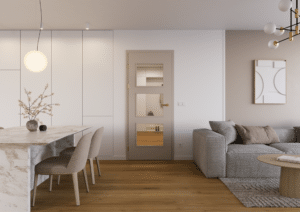 Ein taupefarbenes CPL-Swing-Innentürmodell mit Glaseinsätzen in einer modernen Wohnküche von WIENTÜR91.