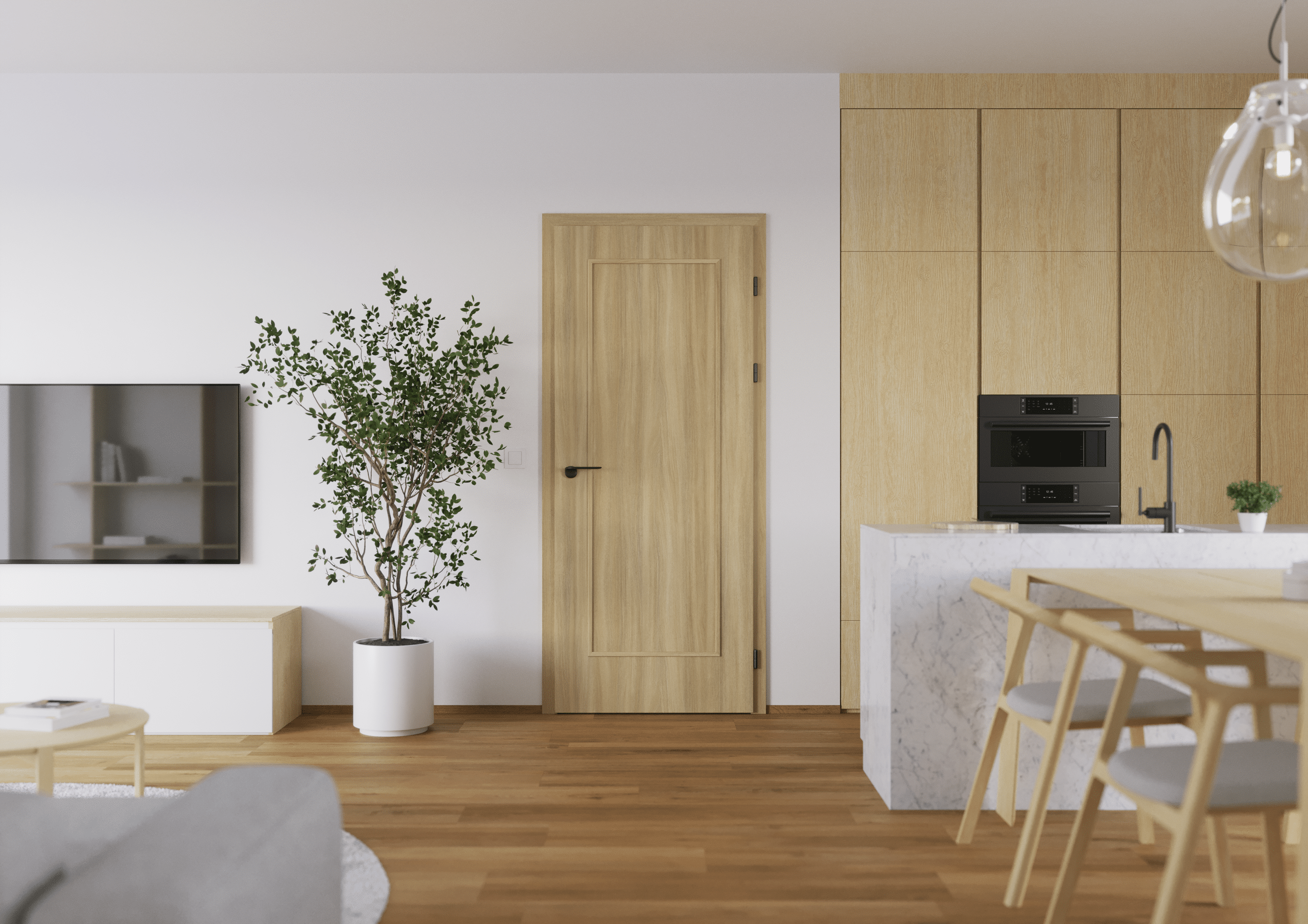 Ein natürlicher Holzton‑CPL‑Innentürtyp namens „Bergamo“ in Eiche‑Hikari zwischen Wohnbereich und offener Wohnküche, flankiert von heller Küchen‑ und Wohnmöbel‑Gestaltung mit Parkettboden von WIENTÜR91.