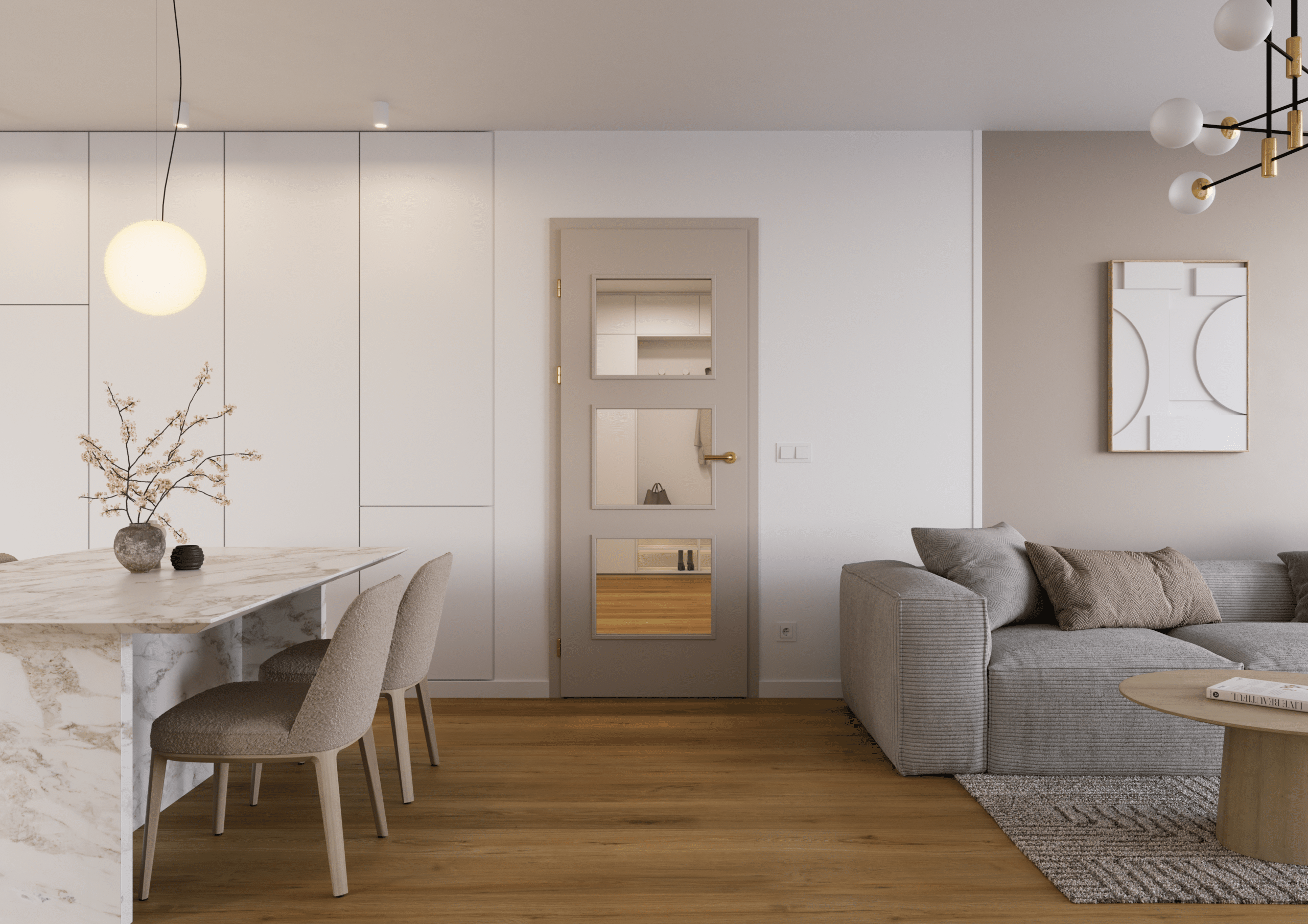 Ein taupefarbenes CPL-Swing-Innentürmodell mit Glaseinsätzen in einer modernen Wohnküche von WIENTÜR91.