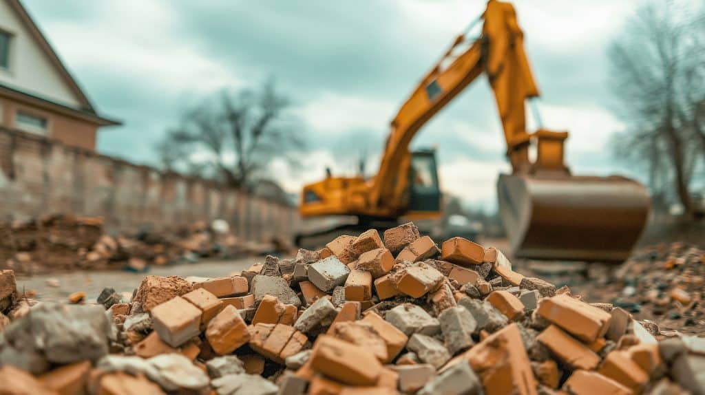 Ein Bauschutt-Sammelcontainer quillt über mit zerbrochenen Ziegeln, rissigen Betonplatten und Metallschutt, während im Hintergrund ein gelber Bagger Schutt aufarbeitet.