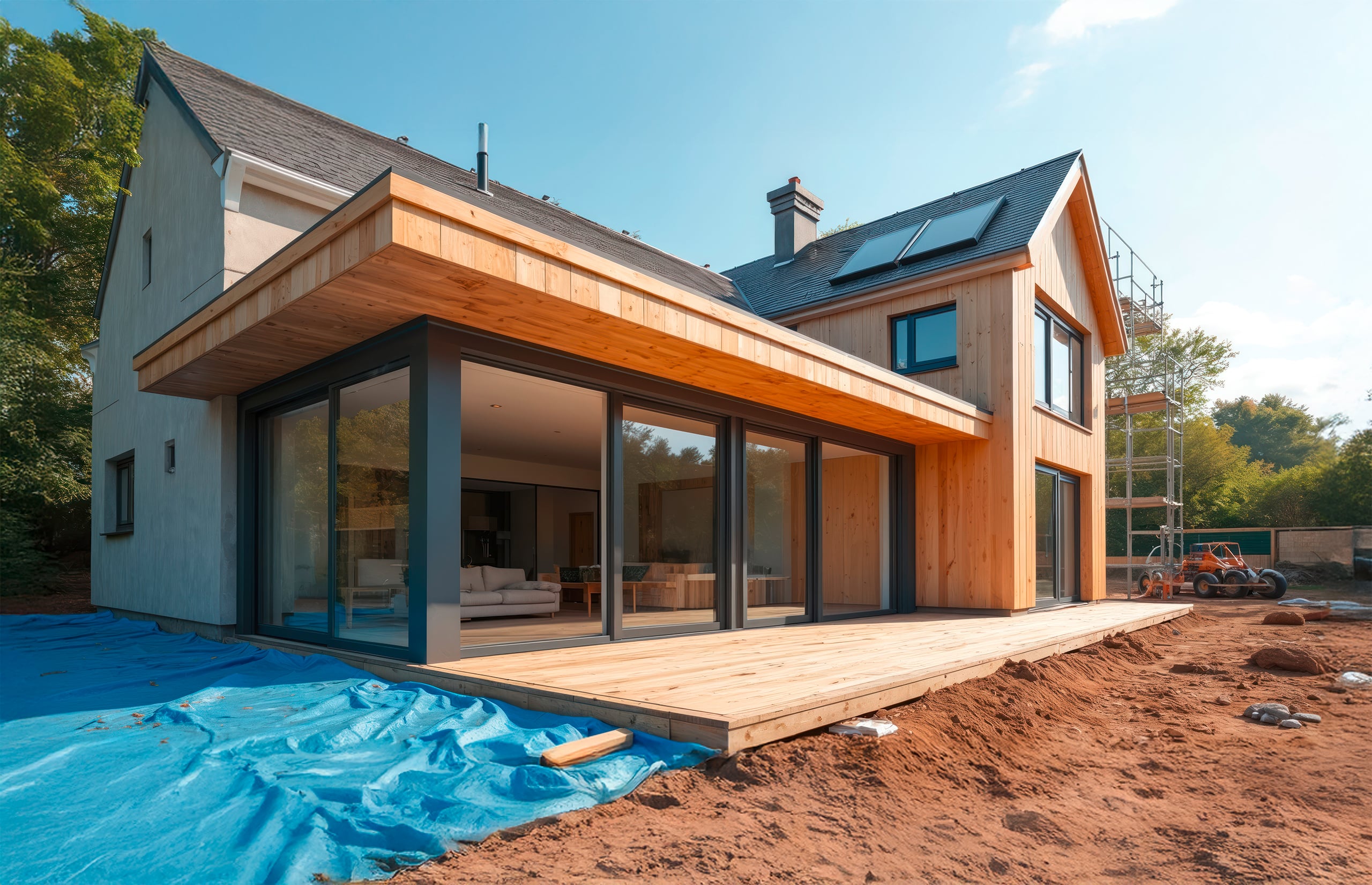 Baustelle eines modernes Neubaus mit Holzfassade und großzügigem Terrassenbereich, der an ein bestehendes, altes Gebäude angebaut wird an einem sonnigen Tag.