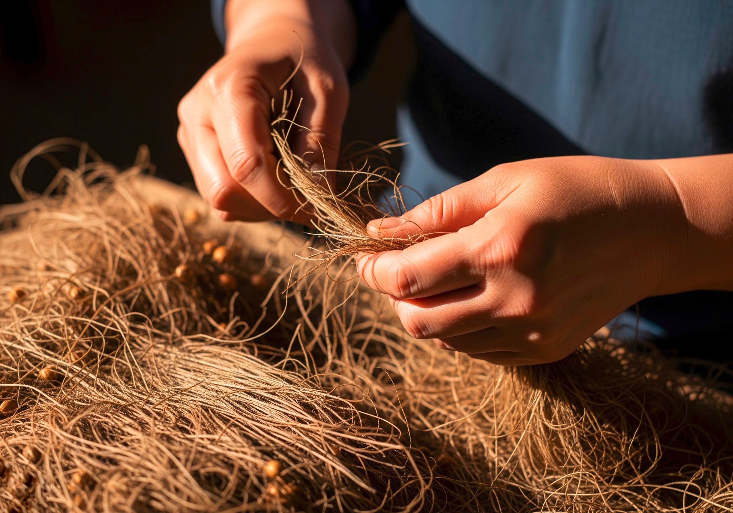 Hände, die natürliche Flachsfasern verarbeiten, symbolisieren nachhaltige Dämmung mit umweltfreundlichen Materialien sowie das Textilhandwerk mit der traditionellen Leinenproduktion.