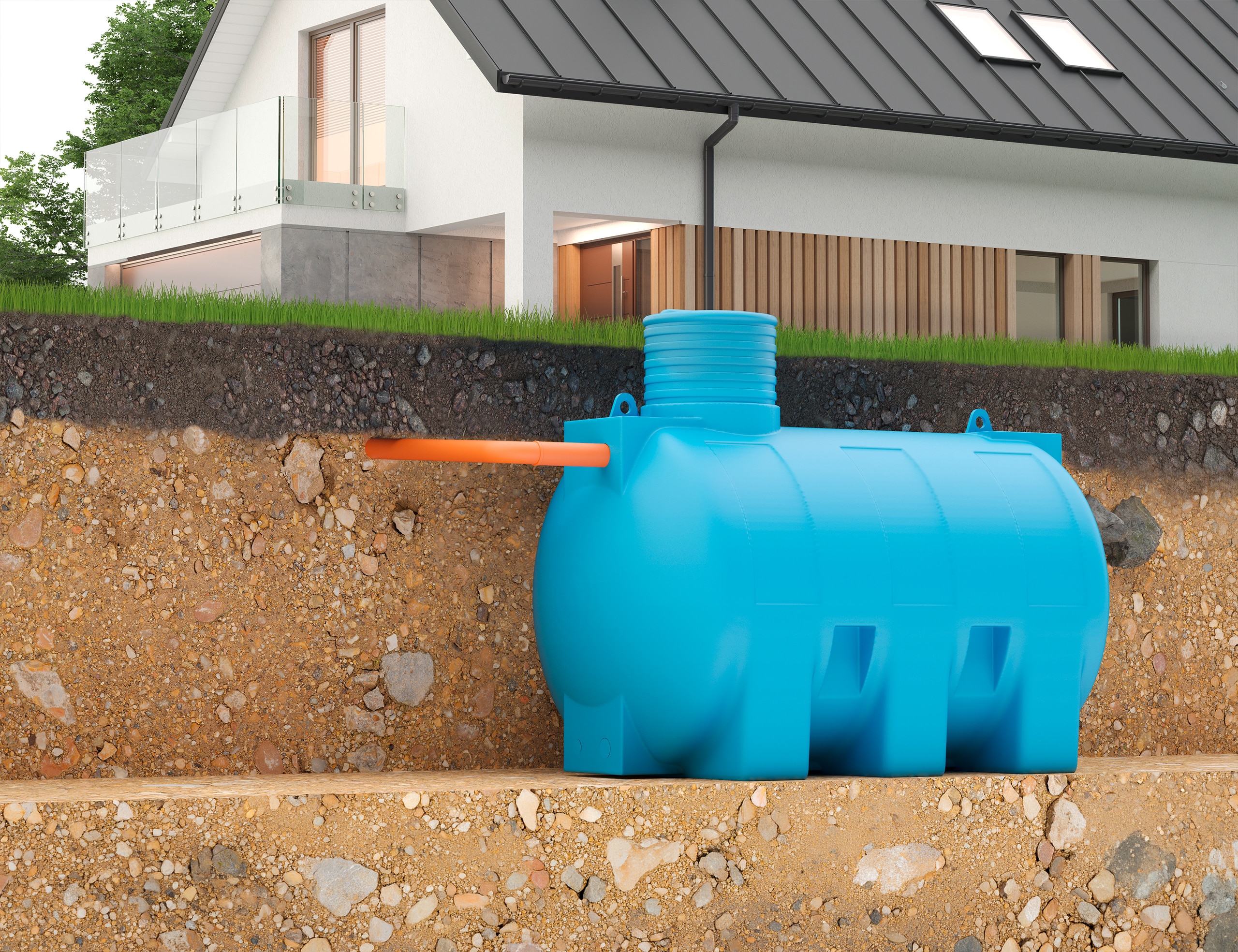 Regenwassernutzungsanlage (Niederschlagswassernutzungsanlage) via unterirdischem Wassertank aus Kunststoff und Leitungssystem zum Haus.