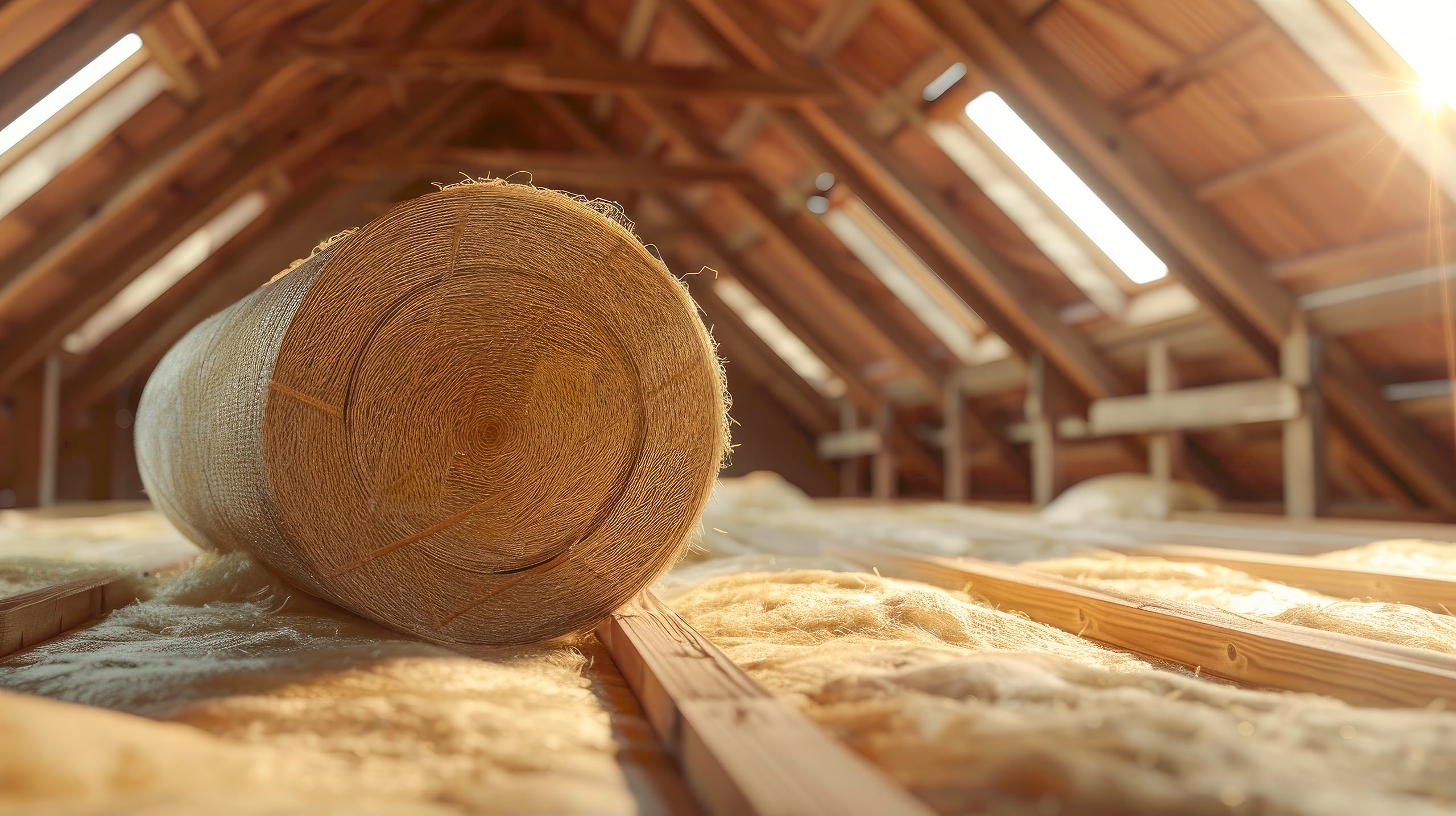 Mineralische Steinwollerolle im Dachgeschoss eines unfertigen Hauses mit leerem Raum.