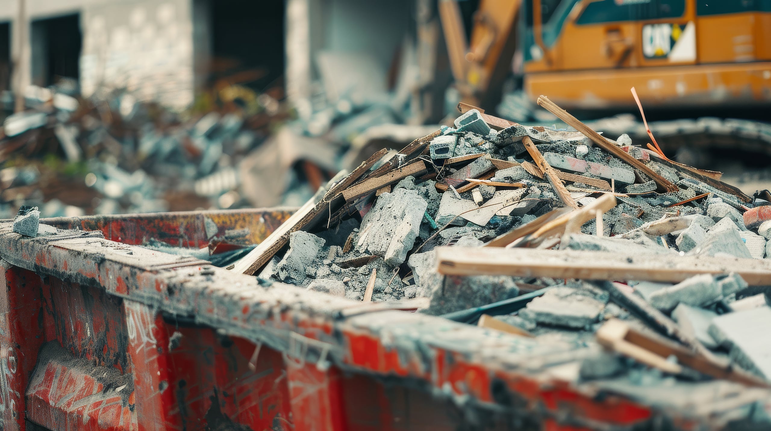 Ein großer roter Müllcontainer voller Schutt und Bauschutt vor dem Hintergrund eines teilweise abgerissenen Gebäudes und einer Baustelle.