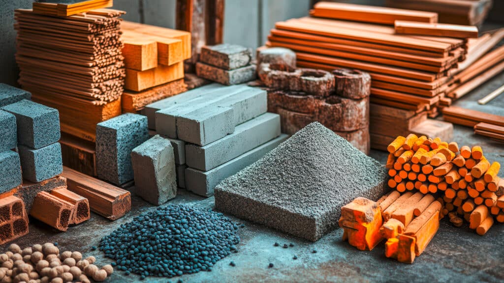 Verschiedene Baumaterialien, darunter Holzbretter, Betonblöcke, Stahlstangen und Kies, angeordnet auf einem Betonboden.