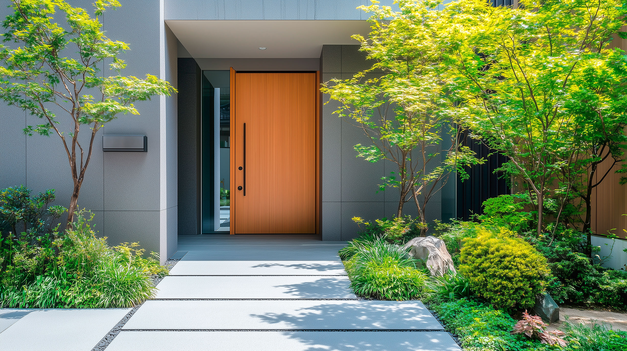 Extravaganter Eingangsbereich eines modernen Wohnhauses mit eindrucksvoller Haustüre aus massivem Holz und seitlichem Glaselement.