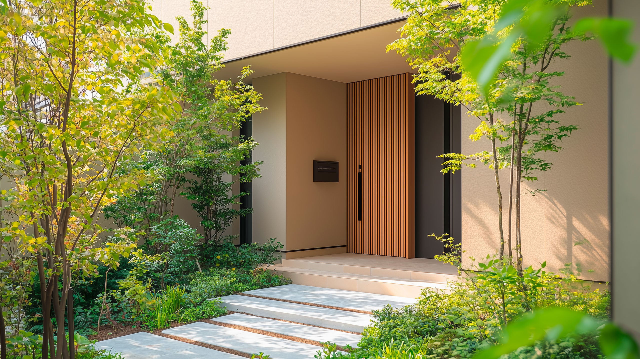 Extravaganter Eingangsbereich eines modernen Wohnhauses mit eindrucksvoller Haustüre aus massiven, vertikalen Holzpaneelen und seitlichem Element aus dunklem Metall.